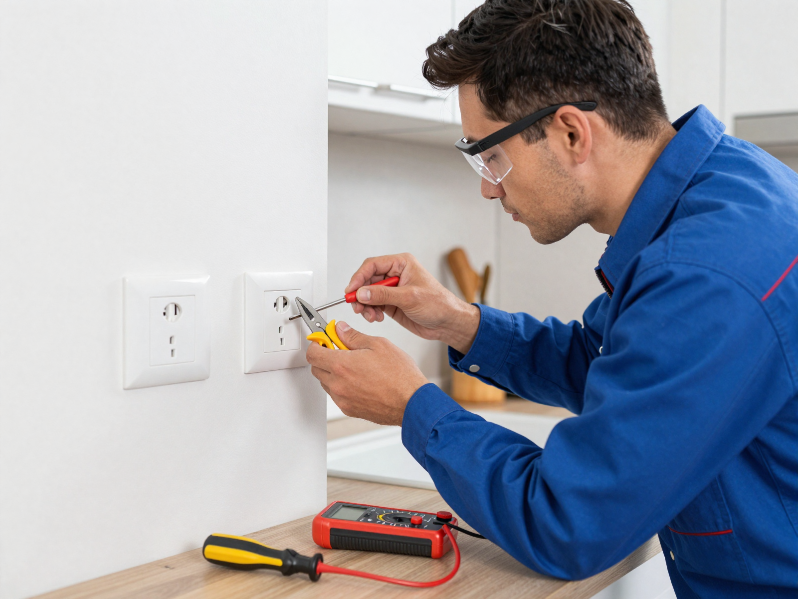 Electrician installing a new electrical outlet in a modern kitchen